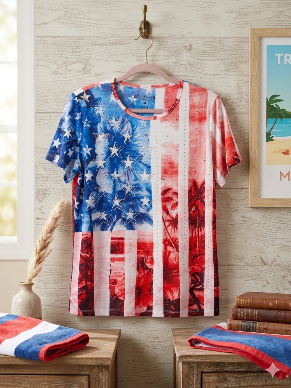 American Flag Print Short Sleeve Women’s Tee - Red, White & Blue